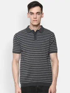 Van Heusen Sport Men Grey & White Striped Polo Collar Pure Cotton T-shirt