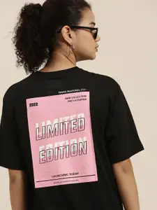 DILLINGER Women Black & Pink Typography Printed OversizedT-shirt