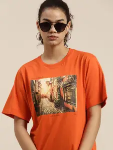 DILLINGER Women Orange Printed OversizedT-shirt