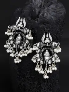 Shining Diva Silver-Toned Oxidised Classic Pearl Drops Earrings