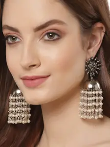 Shining Diva Silver-Toned Oxidised Contemporary Jhumkas Earrings