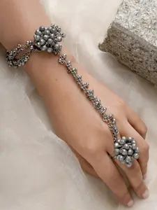 TEEJH Oxidised Silver-Plated Bangle With Finger Ring