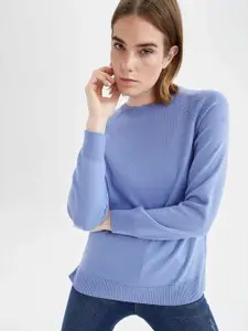 DeFacto Women Blue Basic REGULAR FIT Tricot Pullover Sweater