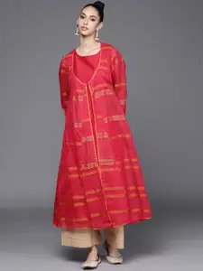 Fabindia Women Pink & Orange Striped Layered A-Line Kurta