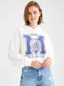 DeFacto DeFacto Women White & Blue Typography Print Crop Hooded Sweatshirt