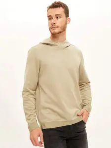 DeFacto Men Beige Solid Standard Fit Hooded Sweatshirt
