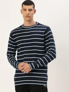 FOREVER 21 Men Navy Blue & White Striped Indigo Dye Longline Pullover Sweater