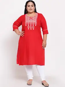 plusS Women Red & White Embroidered Kurta