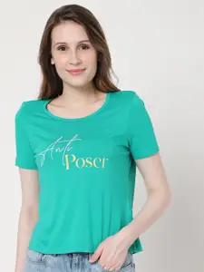 Vero Moda Women Sea Green Typography Printed Cotton T-shirt
