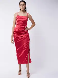 MAGRE Red Satin Front Slit Sheath Dress