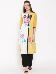 Wishful by W Women Mustard Yellow & Off-White Floral Print Straight Kurta