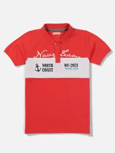 HELLCAT Boys Red & Off White Typography Printed Polo Collar T-shirt
