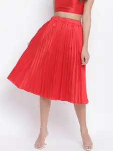 Oxolloxo Women Red Solid Pleated Midi A-Line Skirt