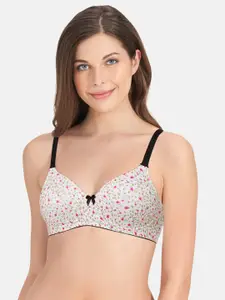 Amante White & Pink Floral Print Non-Wired Lightly Padded T-shirt Bra