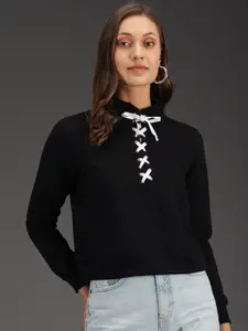 Kotty Women Black & White Solid Fleece Sweatshirt