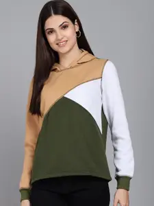 Kotty Women Beige Colourblocked Hooded Sweatshirt