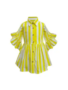 A.T.U.N. A T U N Girls Yellow & White Pure Cotton Striped Shirt Dress
