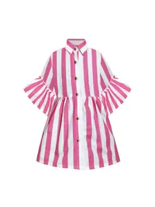 A.T.U.N. A T U N Girls Cotton White & Pink Striped Shirt Dress