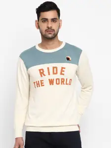 Royal Enfield Men Off White & Blue Ride The World Printed Cotton Pullover