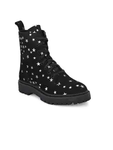 Delize Black Printed Suede Party High-Top Block Heeled Boots