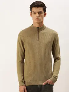 Peter England Men Khaki Self-Design Mock-Collar Pullover Sweater