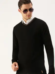 Peter England Peter England Men Black Self-Design V-Neck Pullover Sweater