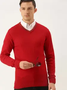 Peter England Men Red Self-Design V-Neck Pullover Sweater