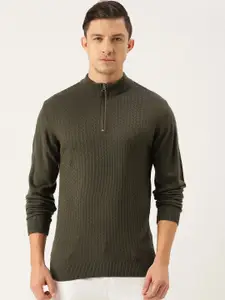 Peter England Men Olive Green Self-Design Mock-Collar Pullover Sweater