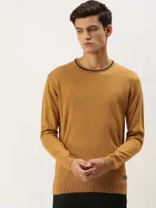 Peter England Men Mustard Yellow Self-Design Round-Neck Pullover Sweater