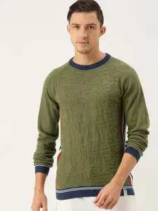 Peter England Men Olive Green Self-Design Pure Cotton Pullover Sweater With Side Stripes