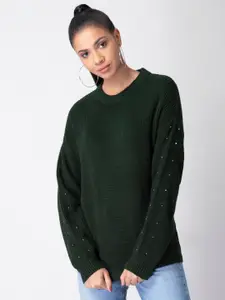 FabAlley Women Olive Green Pearl Embellished Drop Shoulder Sleeves Acrylic Pullover