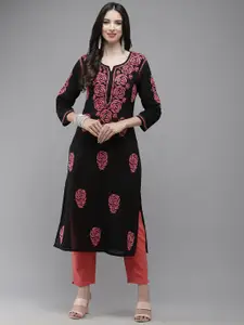 ADA Women Black & Pink Ethnic Motifs Embroidered Thread Work Handloom Kurta
