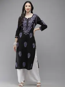 ADA Women Black & Mauve Ethnic Motifs Embroidered Thread Work Handloom Kurta