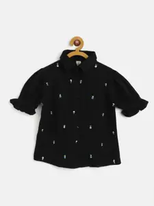 SCOUP Girls Black Cotton Embroidered Printed Casual Shirt