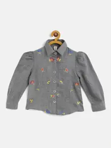 SCOUP SCOUP Girls Grey Floral Embroidered Casual Shirt
