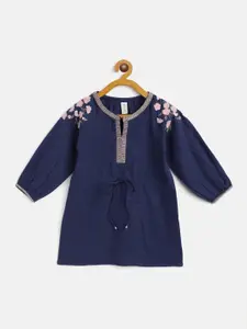 SCOUP Navy Blue Embroidered Cotton Floral A-Line Dress