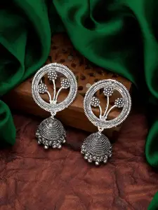 aadita Silver-Toned Oxidised Contemporary Jhumkas