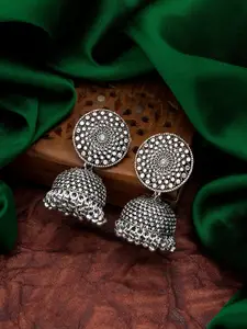 aadita Oxidised Silver-Toned Stone-Studded Classic Jhumkas