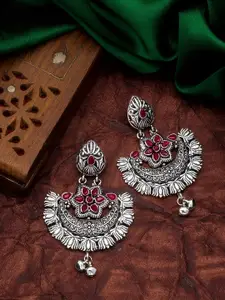 aadita Silver-Toned & Red German Oxidised Geometric Chandbalis Earrings