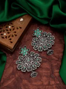 aadita Oxidised Silver-Toned & Sea Green Classic Drop Earrings