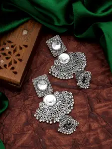 aadita Silver-Toned Geometric Jhumkas Earrings