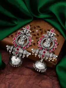 aadita Silver-Toned Geometric Jhumkas Earrings
