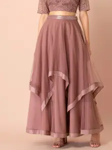 INDYA Shraddha Kapoor Women Pink Embellished A-Line Layered Maxi Skirt