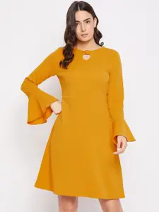 PURYS Mustard Yellow Keyhole Neck A-Line Dress