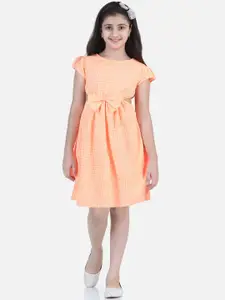 StyleStone Girls Orange & White Checked Cut-Outs Crepe Dress