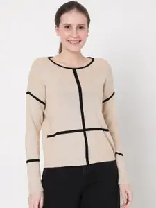 Vero Moda Women Beige & Black Striped Pullover