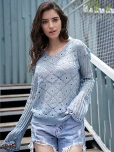 URBANIC URBANIC Women Blue Acrylic Argyle Open-Knit Self-Design Pullover