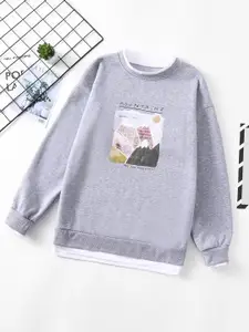 URBANIC URBANIC Women Grey Melange Graphic Print Sweatshirt