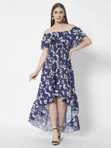 URBANIC Blue & White Floral Off-Shoulder A-Line Midi Dress