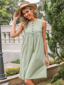URBANIC Green Cotton Solid A-Line Dress
